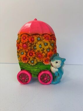 Vintage 1970s Holiday Fair Silly Squirrel Piggy Bank Retro Flower Power Kitsch